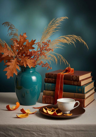 A cozy still life with books, tea, and autumn leaves on a tableの写真素材