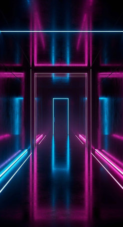 A futuristic neon-lit corridor with vibrant pink and blue lightsの写真素材