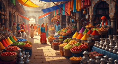 A vibrant marketplace filled with colorful fruits and people in traditional attireの写真素材