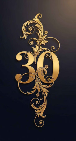 A gold floral design with the number 30 on a dark backgroundの写真素材