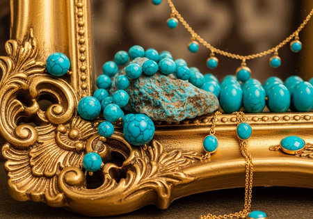 A luxurious gold frame adorned with vibrant turquoise jewelry and stonesの写真素材