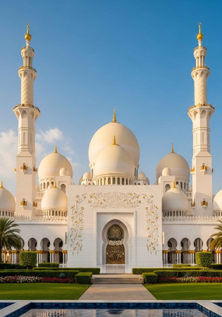 A stunning white mosque with golden accents under a clear blue skyの写真素材