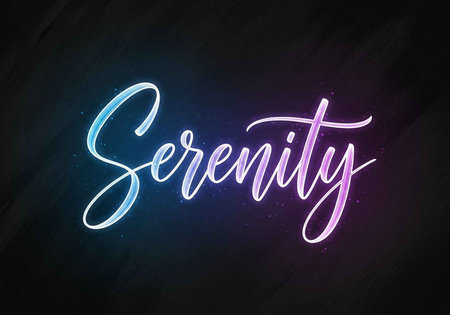 A neon sign with the word Serenity in a dark backgroundの写真素材