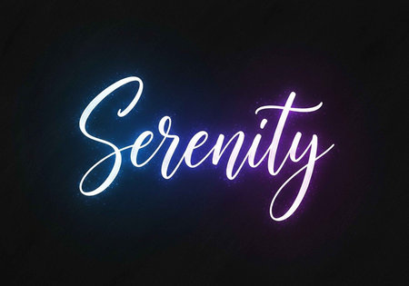 A neon sign reading Serenity in a dark backgroundの写真素材
