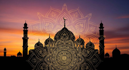 A serene mosque silhouette at sunset with intricate designs and patternsの写真素材