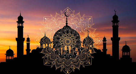 A serene mosque silhouette at sunset with intricate golden designsの写真素材