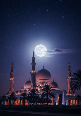 A majestic mosque illuminated at night under a full moonの写真素材