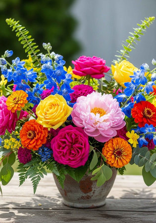 A vibrant bouquet of colorful flowers in a rustic vase on a wooden tableの写真素材