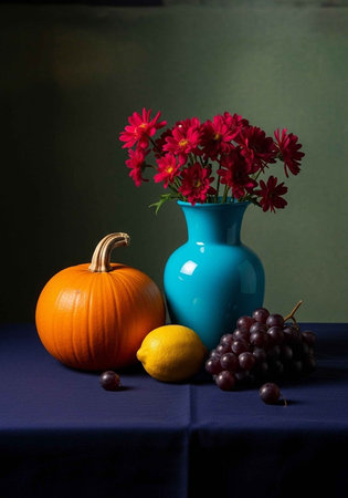 A still life arrangement of a pumpkin, flowers, and fruit on a tableの写真素材