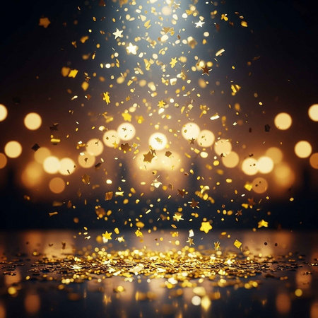 A vibrant celebration scene with gold confetti and stars exploding in the airの写真素材