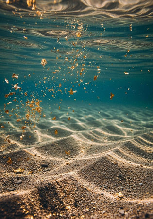 A serene underwater scene with sunlight shining through the clear blue waterの写真素材