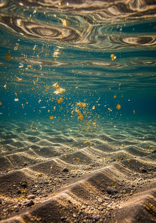 A serene underwater scene with golden particles floating above a sandy ocean floorの写真素材