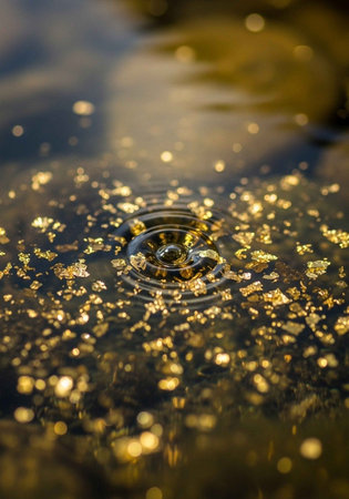 A serene and peaceful scene of golden particles floating on water with ripplesの写真素材