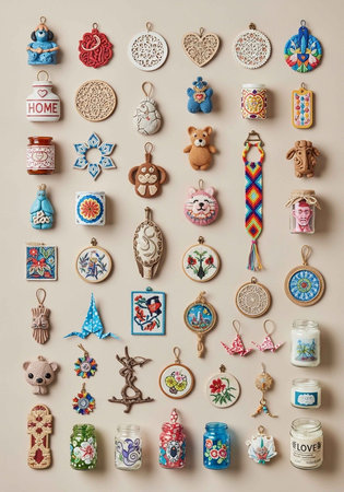 A collection of colorful handmade charms and pendants on displayの写真素材