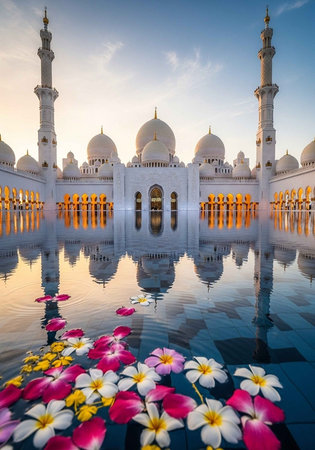 A serene mosque with white domes and minarets reflected in calm waterの写真素材