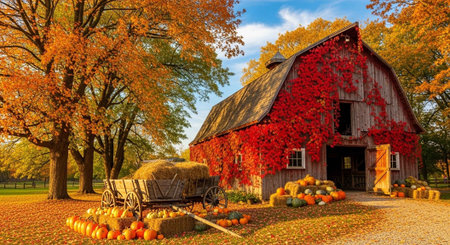 A rustic red barn surrounded by vibrant autumn foliage and pumpkinsの写真素材