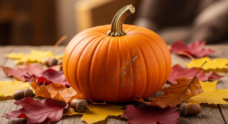 A vibrant orange pumpkin surrounded by colorful autumn leaves and acorns on a wooden tableの写真素材
