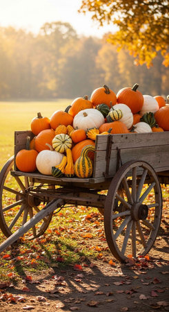 A rustic wooden wagon filled with pumpkins and squash in a rural autumn landscapeの写真素材