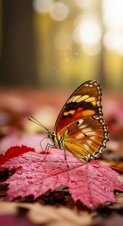A beautiful butterfly perched on a vibrant red leaf in natureの写真素材