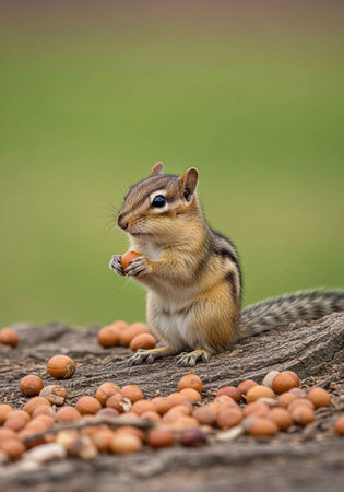 A chipmunk sitting on a log eating a nut in a natural settingの写真素材