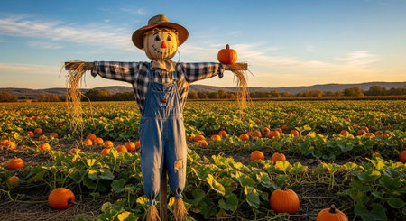 A scarecrow stands guard in a vibrant pumpkin patch at sunsetの写真素材