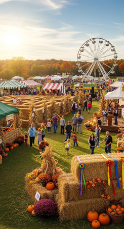 A vibrant autumn festival with people enjoying hayrides and pumpkins in a rural settingの写真素材