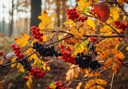 A vibrant autumn scene featuring a tree branch with red and black berriesの写真素材