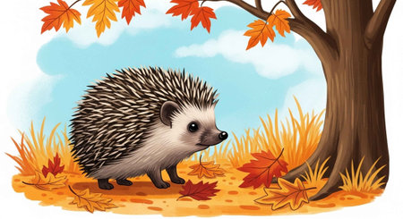 A cartoon hedgehog walking under a tree in autumn leavesの写真素材