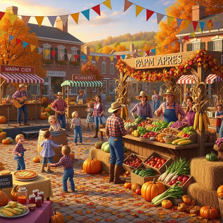 A vibrant autumnal farmer's market bustling with people and colorful produceの写真素材