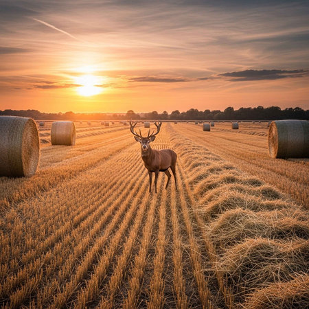 A majestic deer stands in a serene field at sunsetの写真素材
