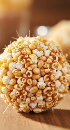 A close-up of a popcorn ball on a wooden surfaceの写真素材