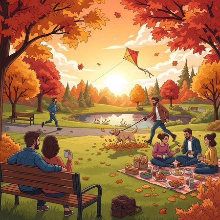 A group of people enjoying a picnic in a park during autumnの写真素材