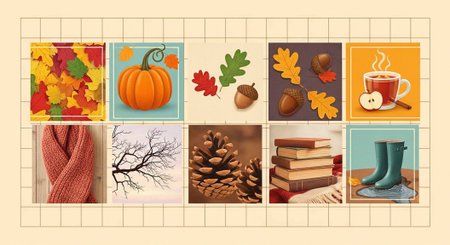 A collection of autumnal items on a rustic backgroundの写真素材
