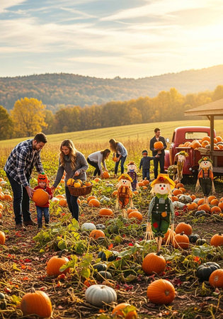 A happy family picks pumpkins in a sunny autumn field with scarecrowsの写真素材