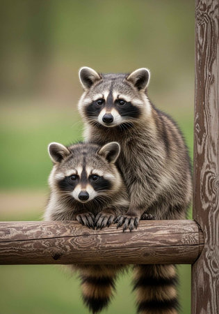 Two raccoons perched on a wooden fence in a natural settingの写真素材