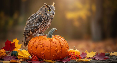 An owl perches on a pumpkin surrounded by autumn leaves and berriesの写真素材