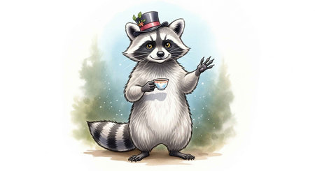A cartoon raccoon wearing a top hat and holding a cupの写真素材