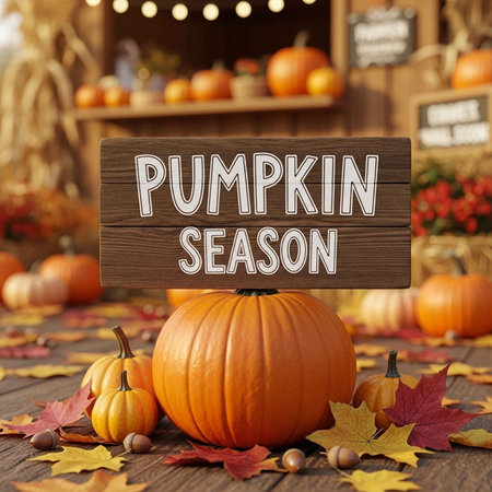 A wooden sign reading Pumpkin Season surrounded by pumpkins and autumn leavesの写真素材