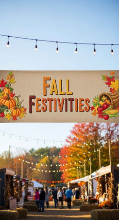 A vibrant outdoor fall festival with people walking under string lightsの写真素材