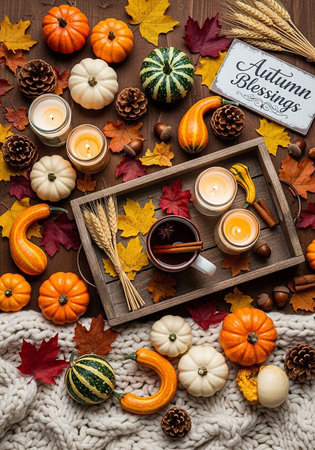 A cozy autumn arrangement with pumpkins, candles, and leaves on a wooden tableの写真素材