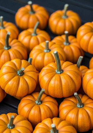 A pile of small orange pumpkins on a dark surfaceの写真素材
