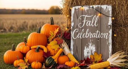 A vibrant fall celebration scene with pumpkins and hay bales in a rural settingの写真素材