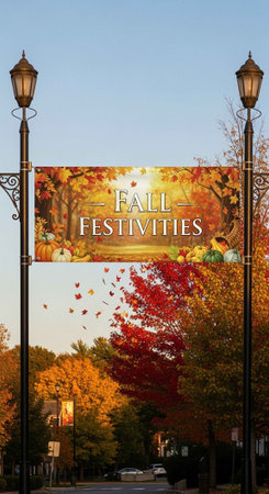 A vibrant autumn scene with a Fall Festivities banner hanging between lamppostsの写真素材