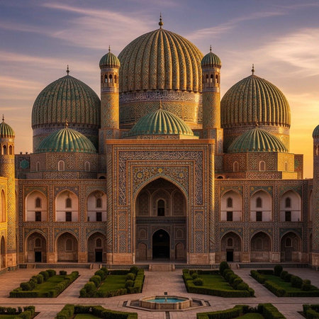 A majestic mosque with green domes and intricate architecture at sunsetの写真素材