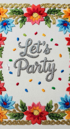 Vibrant embroidered banner featuring "Let's Party" text, colorful flowers, and confetti.の写真素材