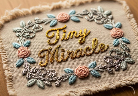 Close-up of a hand-stitched embroidery hoop with "Tiny Miracle" text and floral pattern in pastel colors.の写真素材