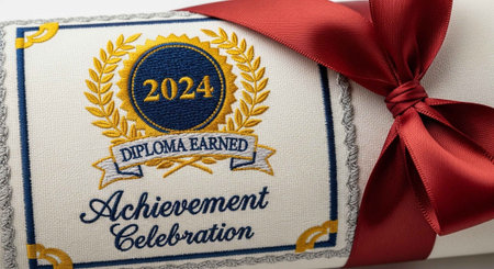 A white gift box with a red ribbon, celebrating a 2024 diploma achievement with gold and blue embellishments.の写真素材