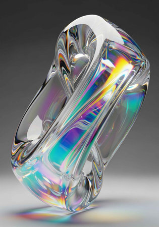 A clear glass vase with iridescent rainbow reflections, showcasing a smooth, sleek design against a dark background.の写真素材