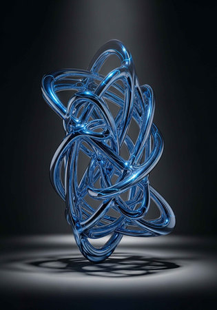 A modern glass sculpture featuring intertwined blue loops and curves.の写真素材