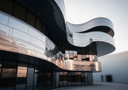 Contemporary building with smooth, curved lines and reflective metal panels.の写真素材